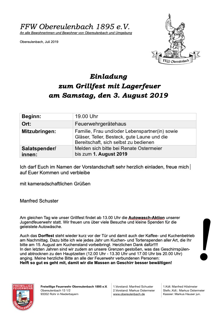 Einladung Zum Grillfest Mit Lagerfeuer Am Samstag Den 3 August 2019 Freiwillige Feuerwehr Obereulenbach